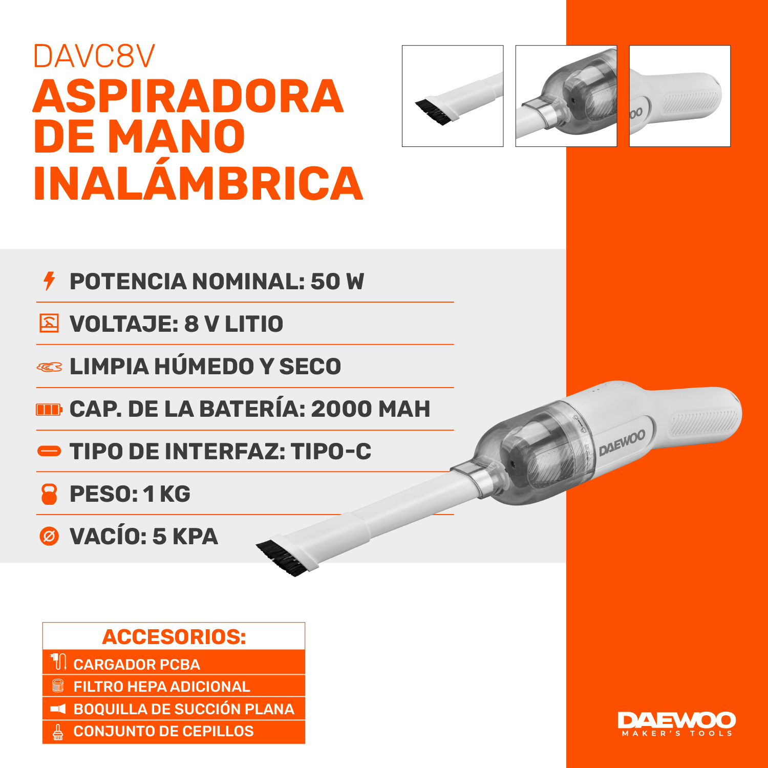 ASPIRADORA DE MANO INALÁMBRICA PORTATIL DAEWOO DAVC8V 8V - 4