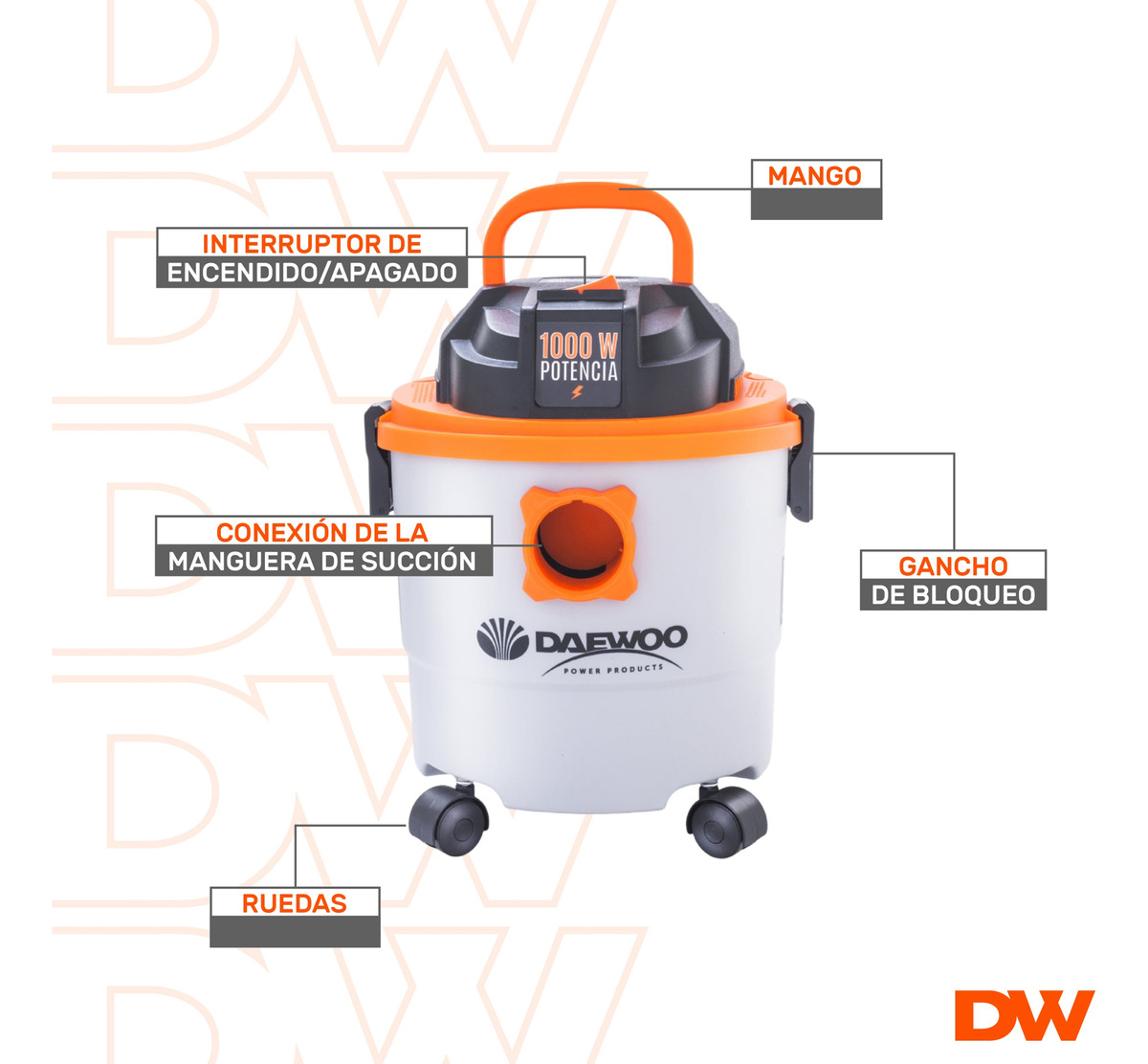 ASPIRADORA DE TACHO POLVO Y AGUA DAEWOO 15L 1000W + SET ESPONJAS - 4