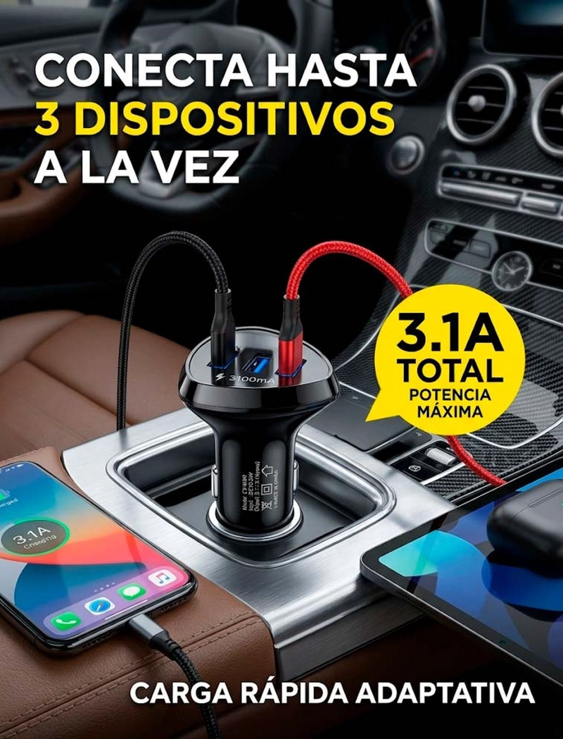 CARGADOR CELULAR AUTO 3 PUERTO USB CARGA RAPIDA LINTERNA GPS COLOR AL AZAR - 2