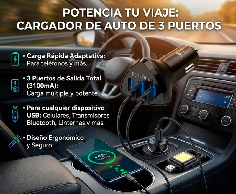 CARGADOR CELULAR AUTO 3 PUERTO USB CARGA RAPIDA LINTERNA GPS COLOR AL AZAR - 5