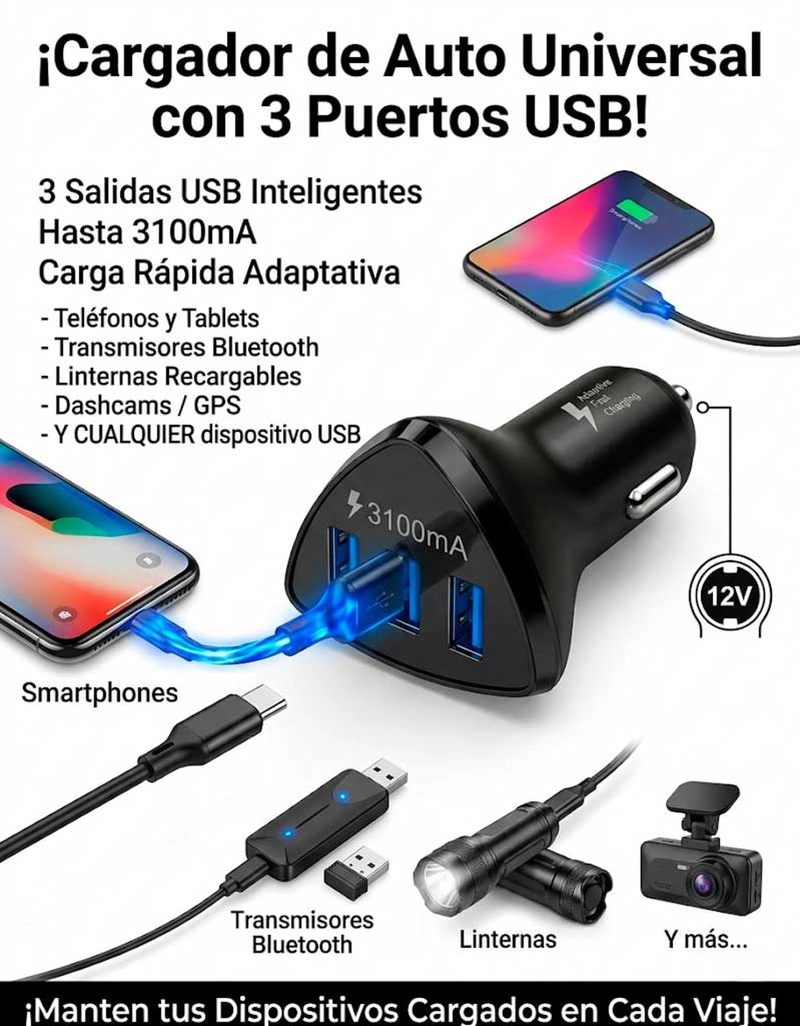 CARGADOR CELULAR AUTO 3 PUERTO USB CARGA RAPIDA LINTERNA GPS COLOR AL AZAR - 6