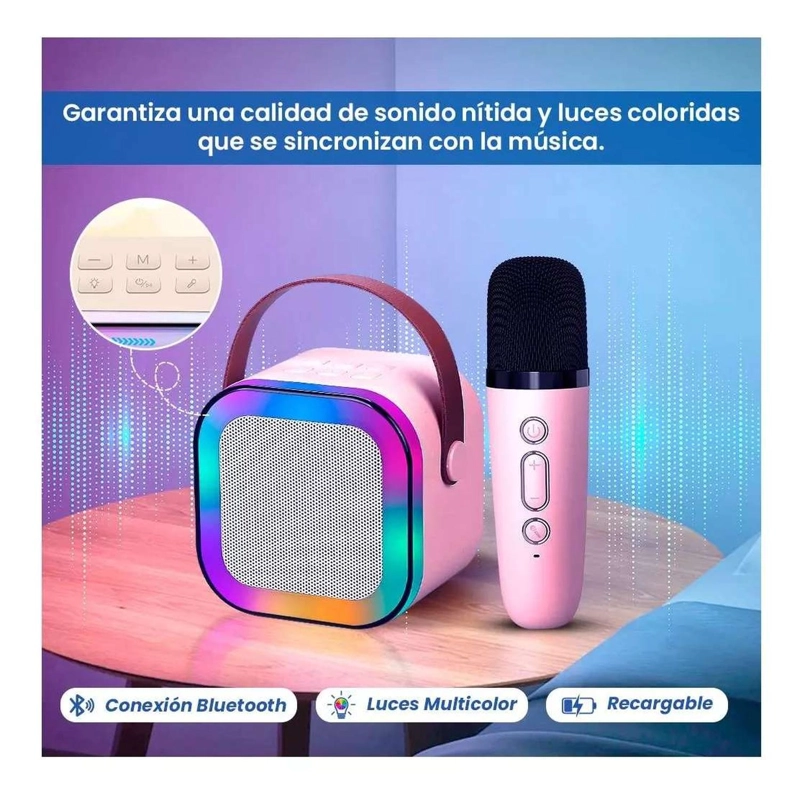 MINI PARLANTE KARAOKE INALAMBRICO MICROFONO LUZ USB AUX BT COLOR AL AZAR - 3