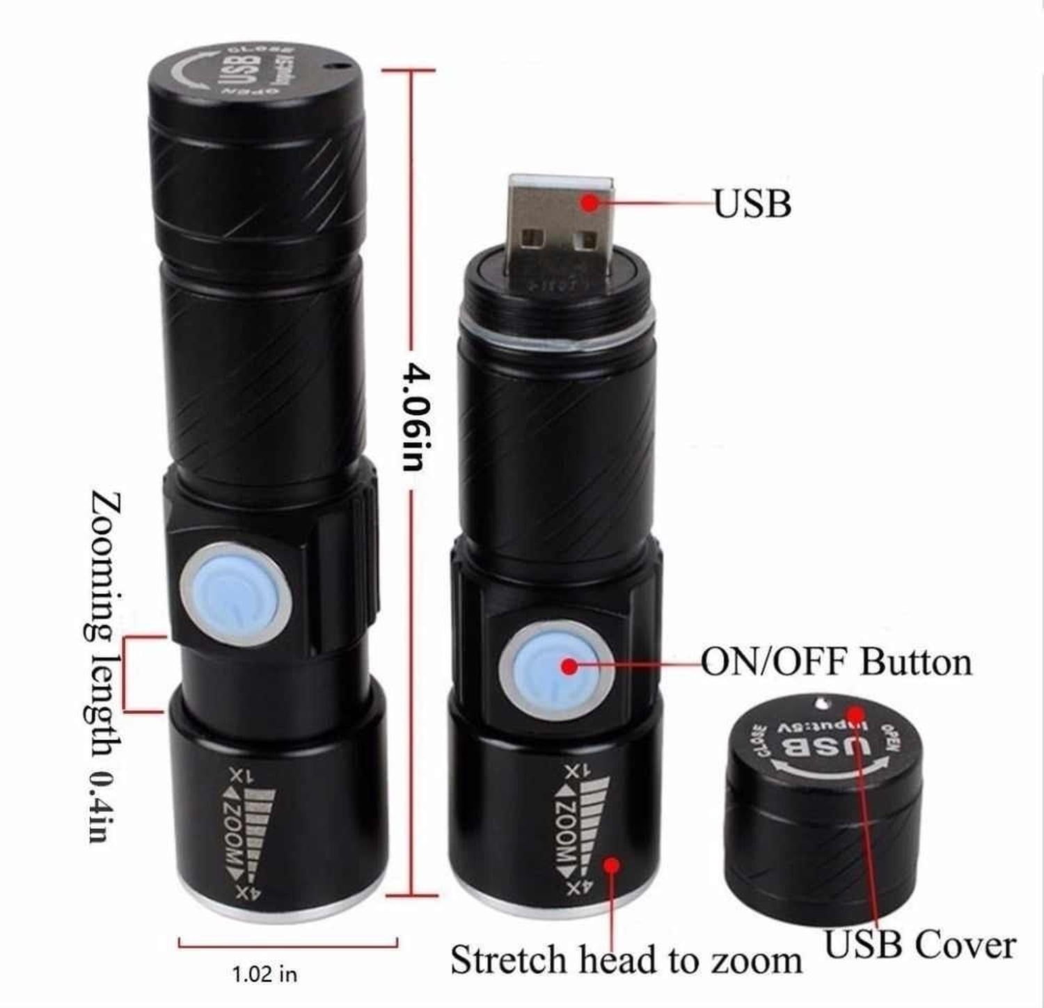 LINTERNA LED CON ZOOM RECARGABLE PUERTO USB CON ALTO ALCANCE CON TAPA - 3
