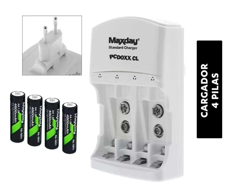 CARGADOR DE PILAS RECARGABLES AAA AA Y BATERIAS DE 9V MAXDAY CARGADOR CON 4 PILAS - 4