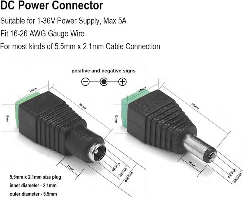 CONECTOR TERMINAL PODER 5.5X2.1MM JACK CAMARAS TIRAS LED PAR PLUG DC ARMAR - 5