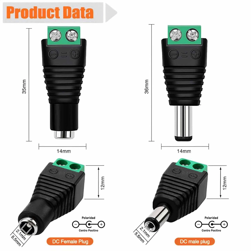 CONECTOR TERMINAL PODER 5.5X2.1 MACHO JACK CAMARAS TIRA LED MACHO DC ENERGIA - 5