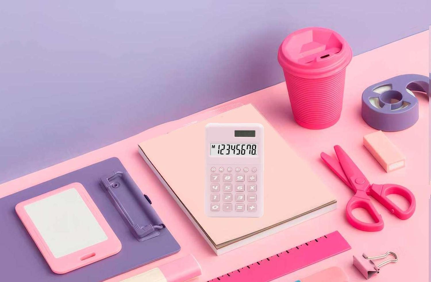 CALCULADORA ROSA PINK DE BOLSILLO OFICINA COLEGIO ROSADA 8 DIGITOS - 2269 - 4