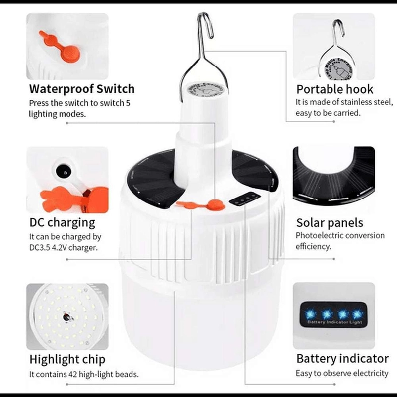 AMPOLLETA LED CAMPING RECARGABLE USB SOLAR GANCHO LUZ LED - 7