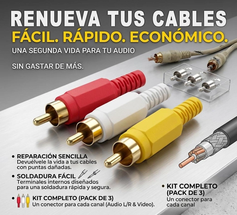 3 SET CONECTORES RCA AUDIO VIDEO REPUESTO SOLDAR ARMAR JUEGO 3X PACK - 5