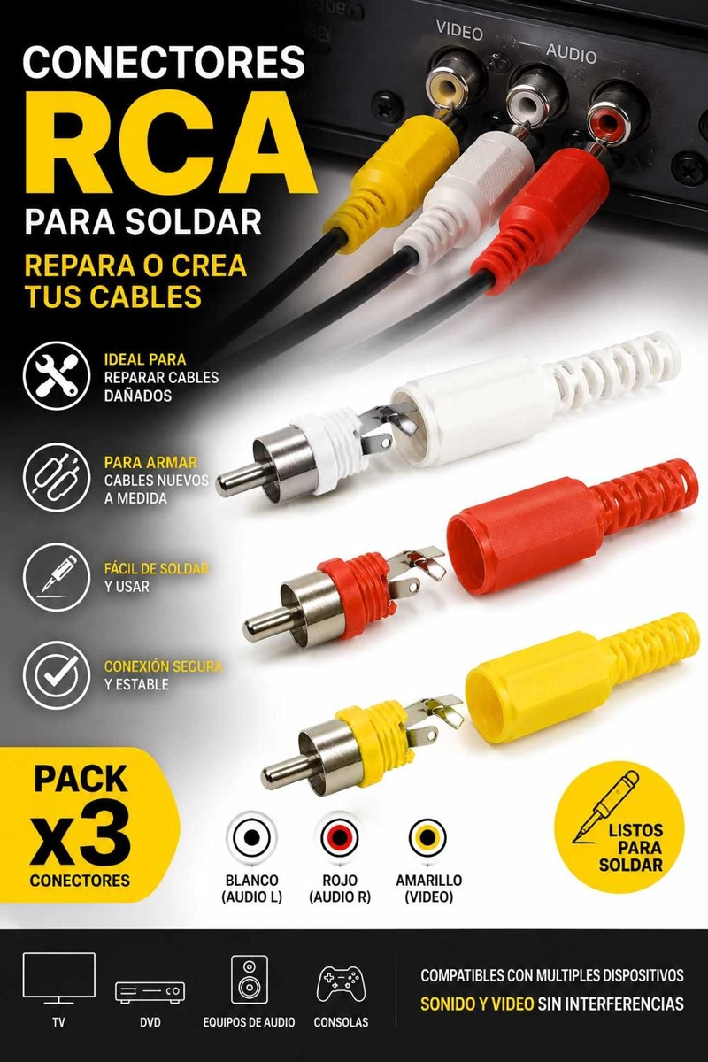 3 SET CONECTORES RCA AUDIO VIDEO REPUESTO SOLDAR ARMAR JUEGO 3X PACK - 6