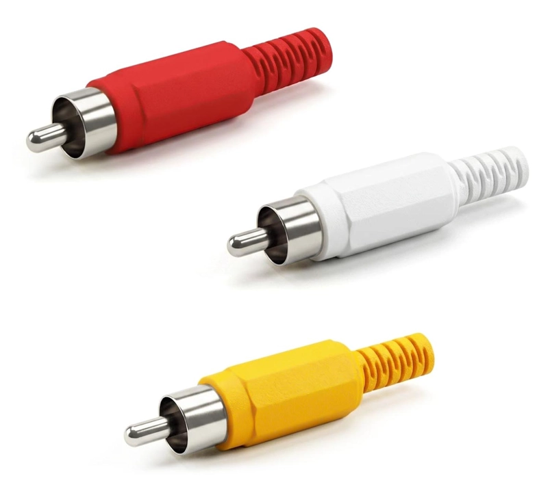 SET DE CONECTORES RCA AUDIO VIDEO MACHO REPUESTO PARA ARMAR 1 ROJO, 1 AMARILLO Y 1 BLANCO