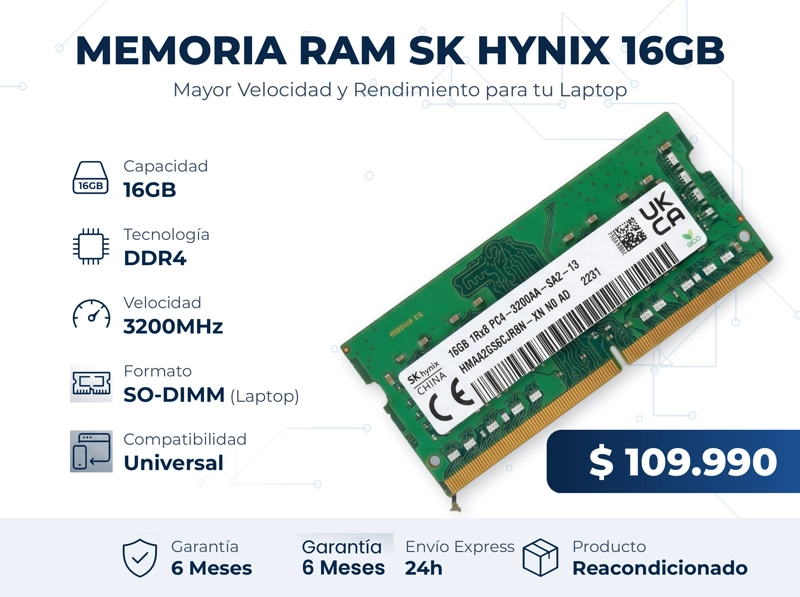 MEMORIA RAM SK HYNIX 16GB DDR4 3200MHZ SO-DIMM PARA LAPTOP REACONDICIONADA - 1