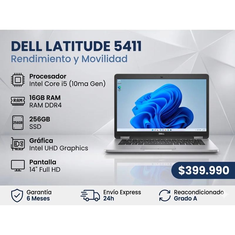 NOTEBOOK DELL LATITUDE 5411 INTEL CORE I5 10ª GEN 16GB RAM 256GB SSD REACONDICIONADO - 1