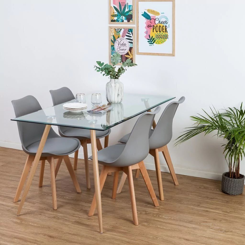 COMEDOR 120X80 DE VIDRIO + 4 SILLAS TULIP GRIS - 1