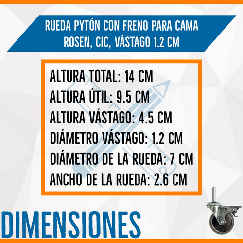 RUEDA PYTON CON FRENO PARA CAMA CIC, ROSEN Y FLEX, VÁSTAGO - COLOR_80: ACERO - 2