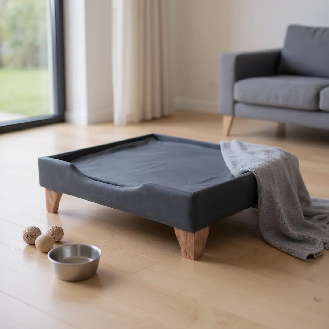 CAMA DE MASCOTAS - TALLA S (55X40 CM) / PATAS DE MADERA 11 CM (NEGRO) - 2