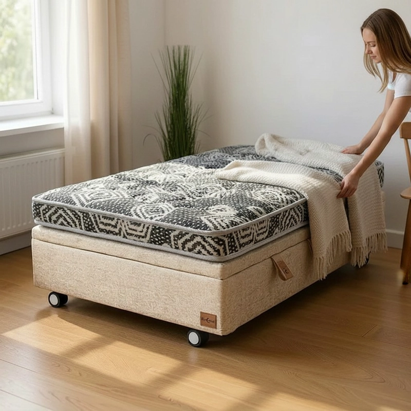 CAMA BAUL 1 PLAZA + COLCHON MODELO IDEAL / CON RUEDA LOGO (BEIGE) - 1