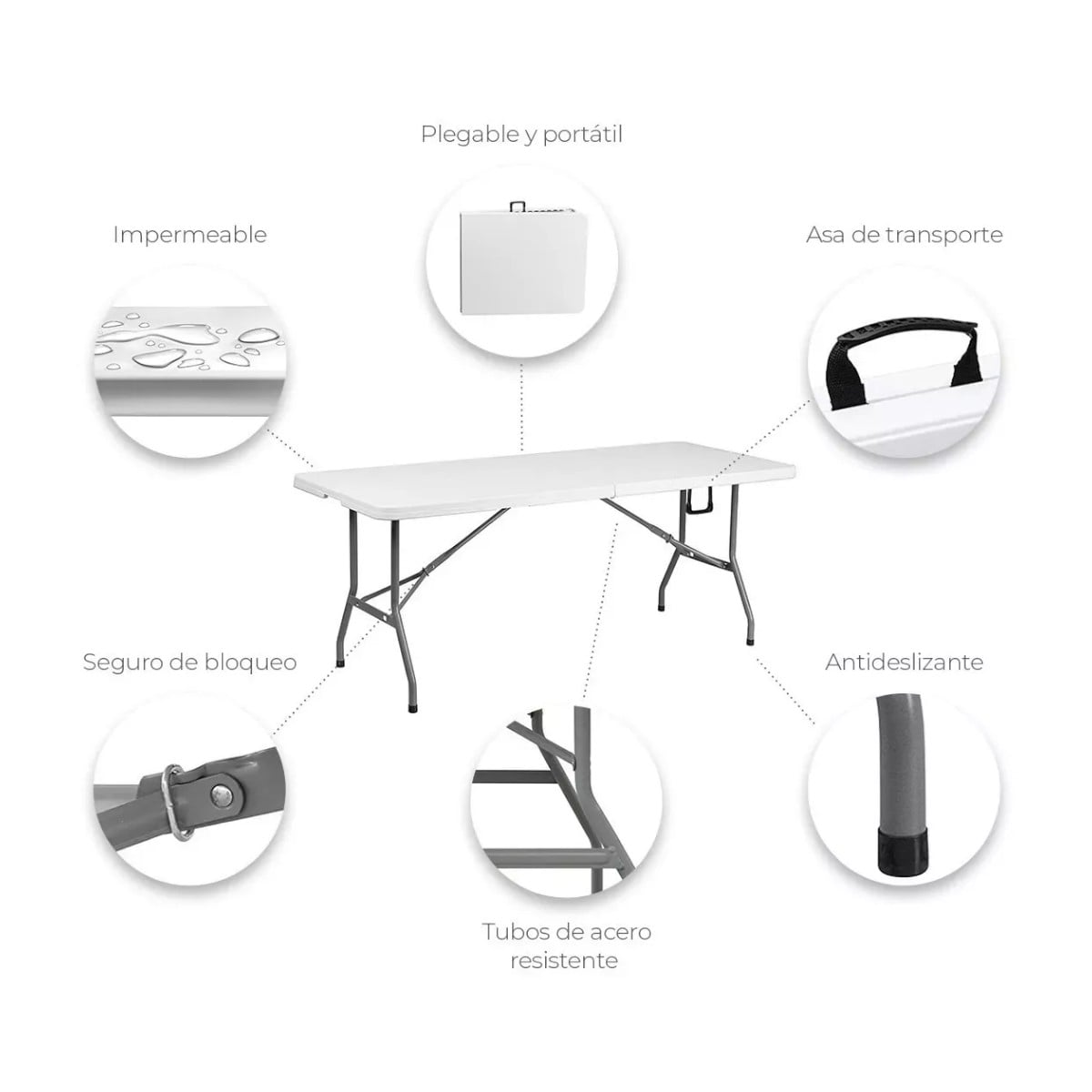 MESA PLEGABLE CAMPING 180 X 75 CMS PORTÁTIL BLANCO - 4