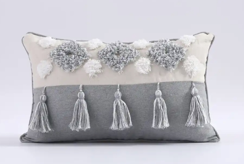 FUNDA COJÍN HOMESTORE BOHO BORLAS 50 X 30 CM BEIGE GRIS - 1