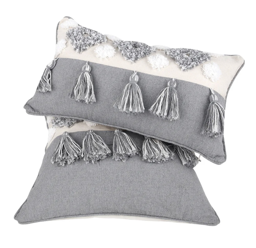 FUNDA COJÍN HOMESTORE BOHO BORLAS 50 X 30 CM BEIGE GRIS - 2