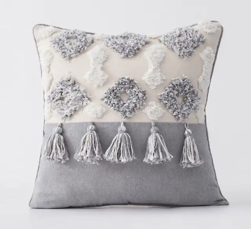 FUNDA COJÍN HOMESTORE BOHO BORLAS 45 X 45 CM BEIGE GRIS - 1