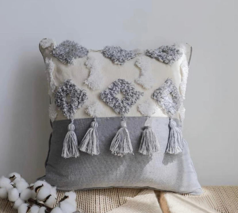 FUNDA COJÍN HOMESTORE BOHO BORLAS 45 X 45 CM BEIGE GRIS - 2