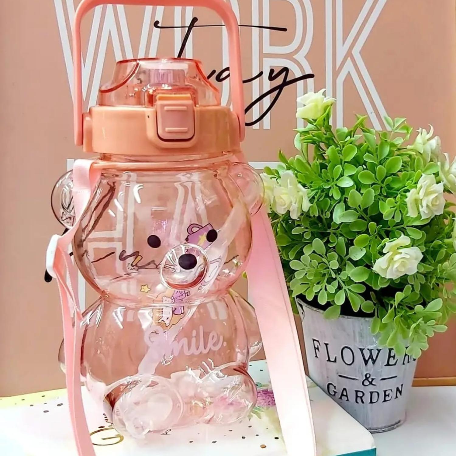 BOTELLA DE AGUA ANTIDERRAME OSO CON STICKERS 1 LT ROSA - 2