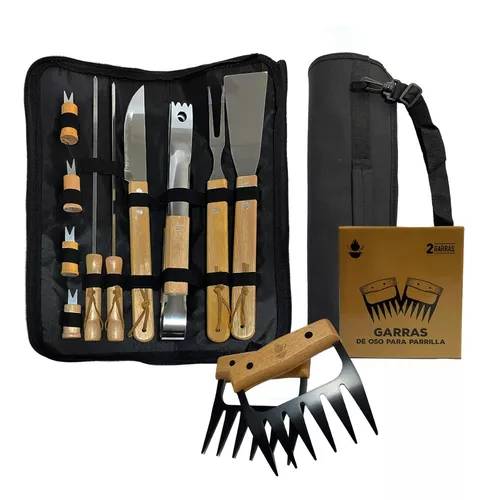 PACK SET ASADO PARRILLA 10 UDS + 2 GARRAS DE OSO INOX - 1