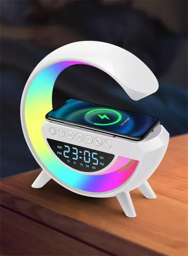 LAMPARA MESA CARGADOR INALÁMBRICA PARLANTE RELOJ + BLUETOOTH - 1