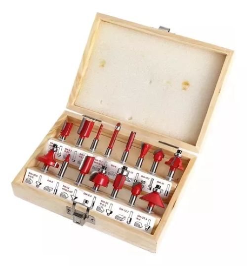 CAJA DE BROCAS FRESAS MADERA ROUTER 15 PCS 6.35MM - 1