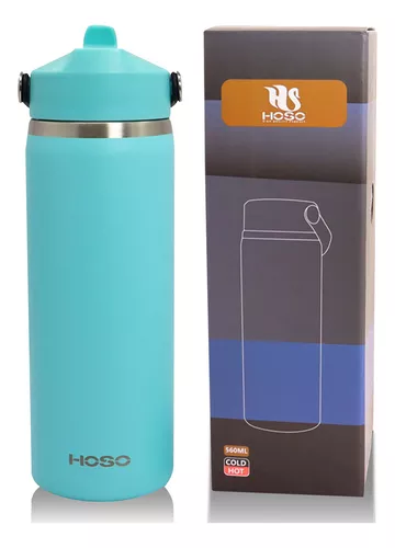 TERMO BOTELLA AGUA ACERO INOXIDABLE 560ML + 2 TAPAS COLOR AZUL CLARO HOSO - 1