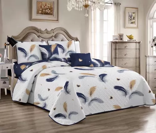 CUBRECAMA BLANCO VERANO DELGADO QUILT 2 PLAZAS NEGRO FLORES PLUMAS - 1