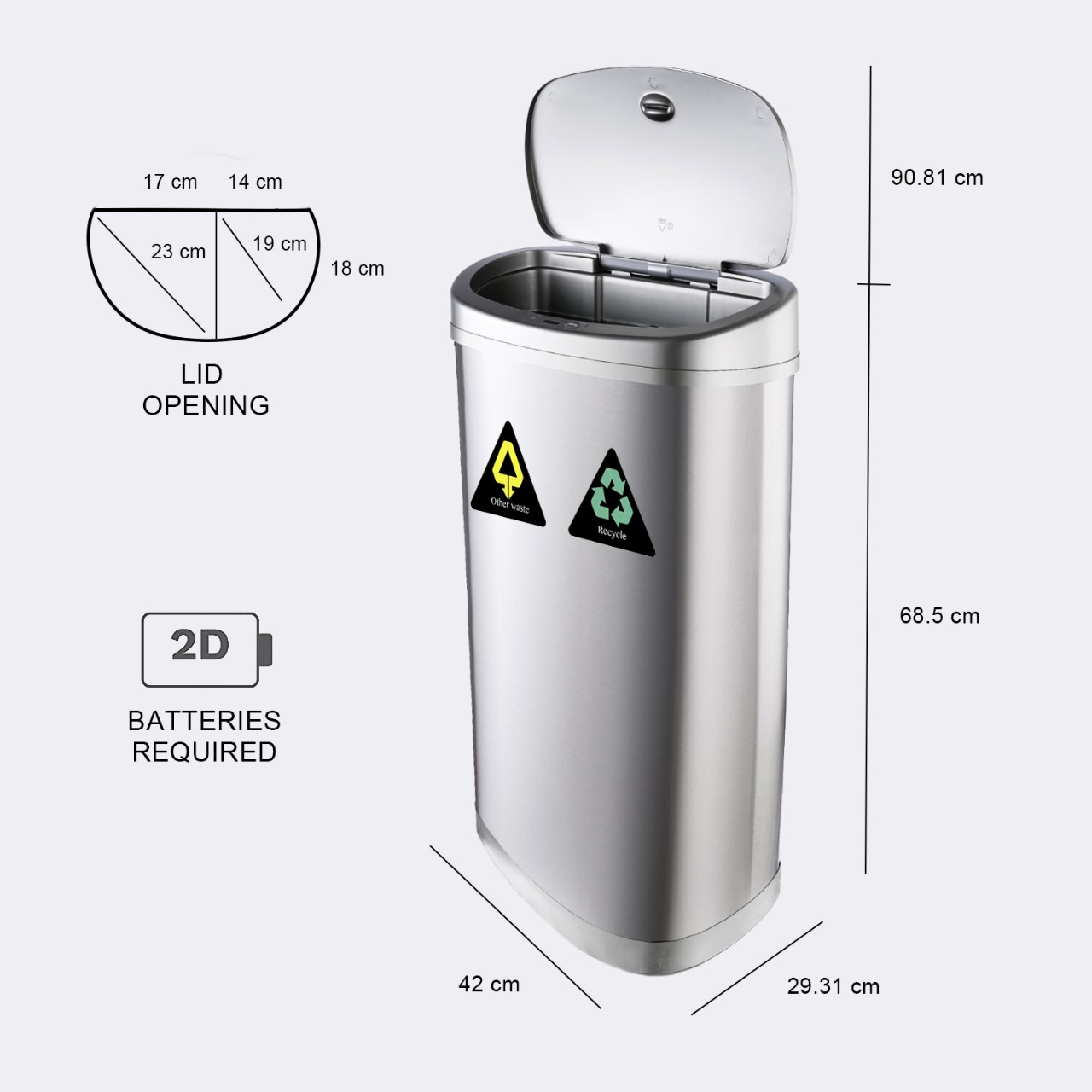 BASURERO NINE STARS AUTOMATICO PAPELERA INTELIGENTE SENSOR ECO RECICLAJE DOBLE 50L ACERO INOXIDABLE - 2