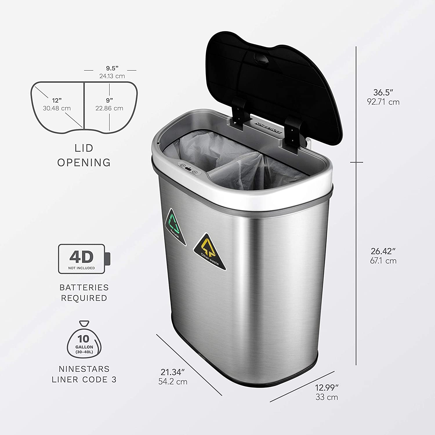 BASURERO NINE STARS AUTOMATICO PAPELERA INTELIGENTE SENSOR ECO RECICLAJE DOBLE 70L ACERO INOXIDABLE - 2