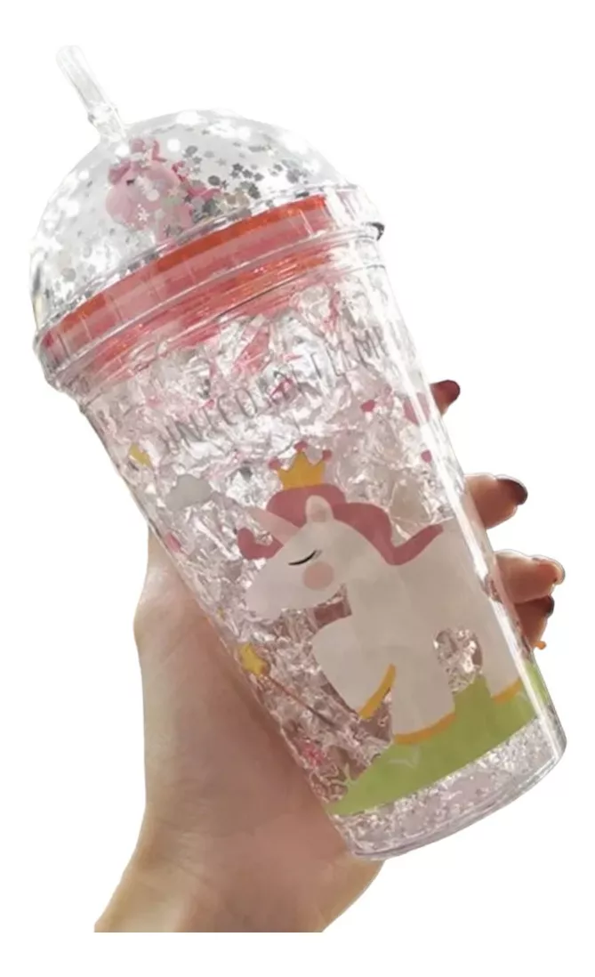 VASO CON BOMBILLA BOTELLA PLÁSTICO UNICORNIO 350ML GLITTER - 1