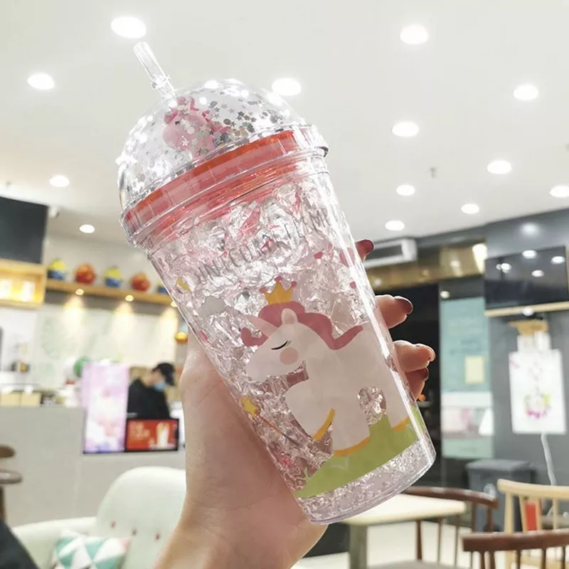 VASO CON BOMBILLA BOTELLA PLÁSTICO UNICORNIO 350ML GLITTER - 2