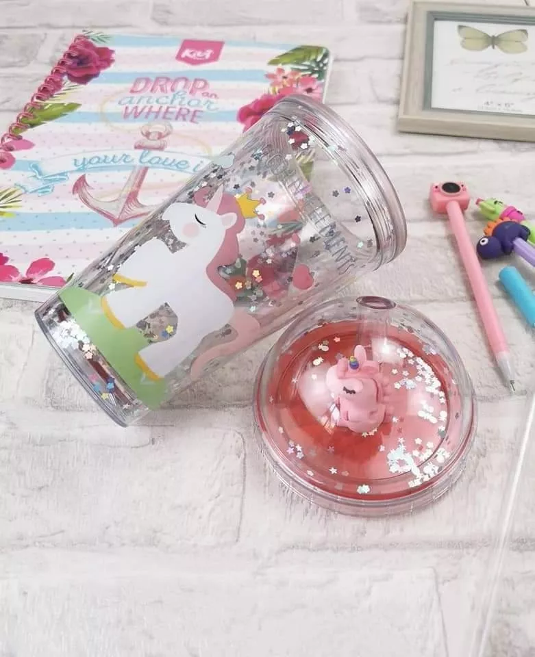 VASO CON BOMBILLA BOTELLA PLÁSTICO UNICORNIO 350ML GLITTER - 3