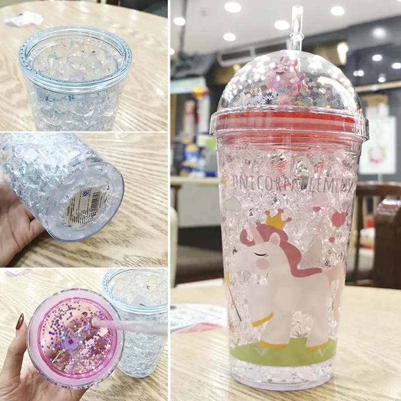 VASO CON BOMBILLA BOTELLA PLÁSTICO UNICORNIO 350ML GLITTER - 4