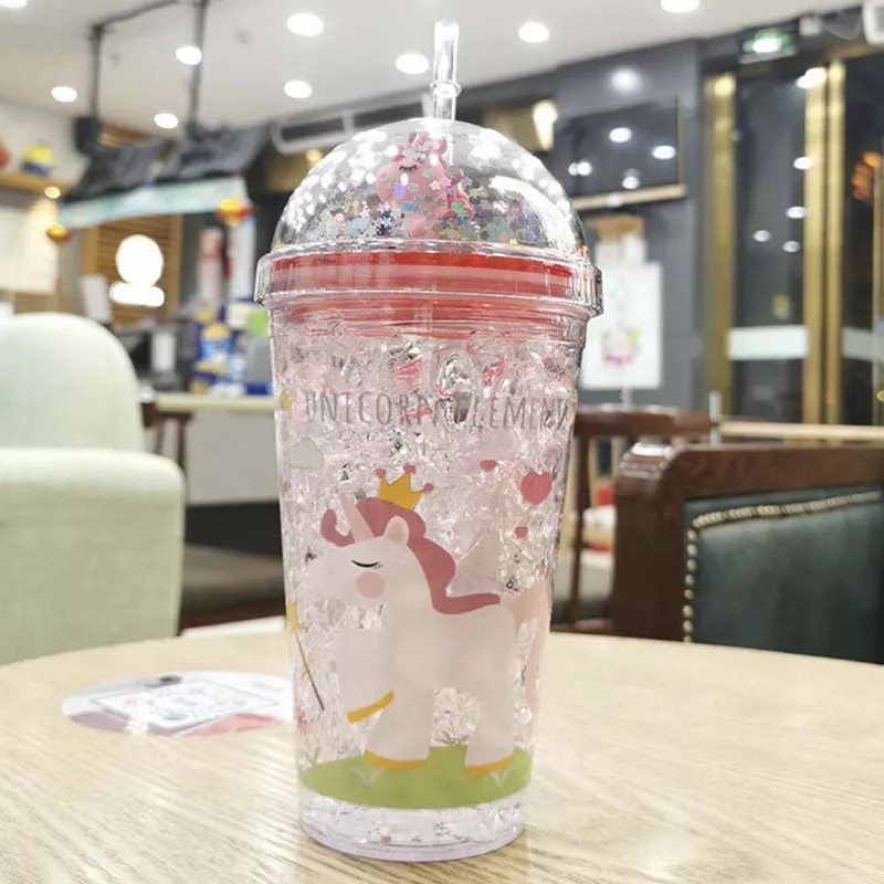 VASO CON BOMBILLA BOTELLA PLÁSTICO UNICORNIO 350ML GLITTER - 5
