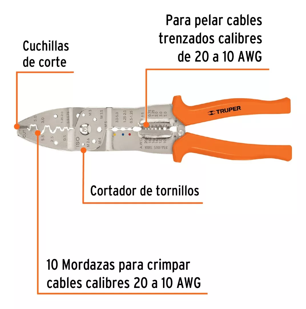 PINZA PELACABLES 10'' 20-10 AWG CORTE CRIMPADO PE-CA TRUPER - 2