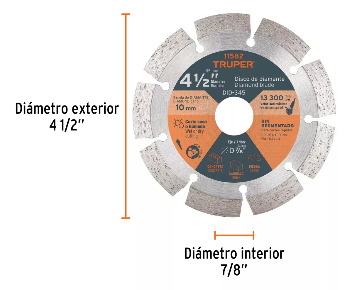 DISCO 4.5 DIAMANTE SEGMENTADO CONCRETO PIEDRA TRUPER DID-345 - 2