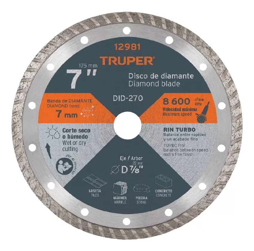 DISCO DIAMANTE TURBO 7'' CORTAR CONCRETO TRUPER DID-270 - 1