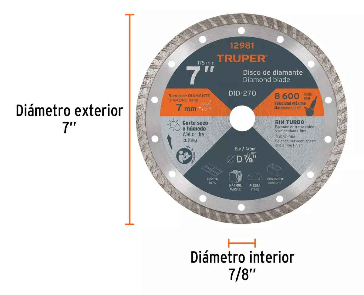 DISCO DIAMANTE TURBO 7'' CORTAR CONCRETO TRUPER DID-270 - 3