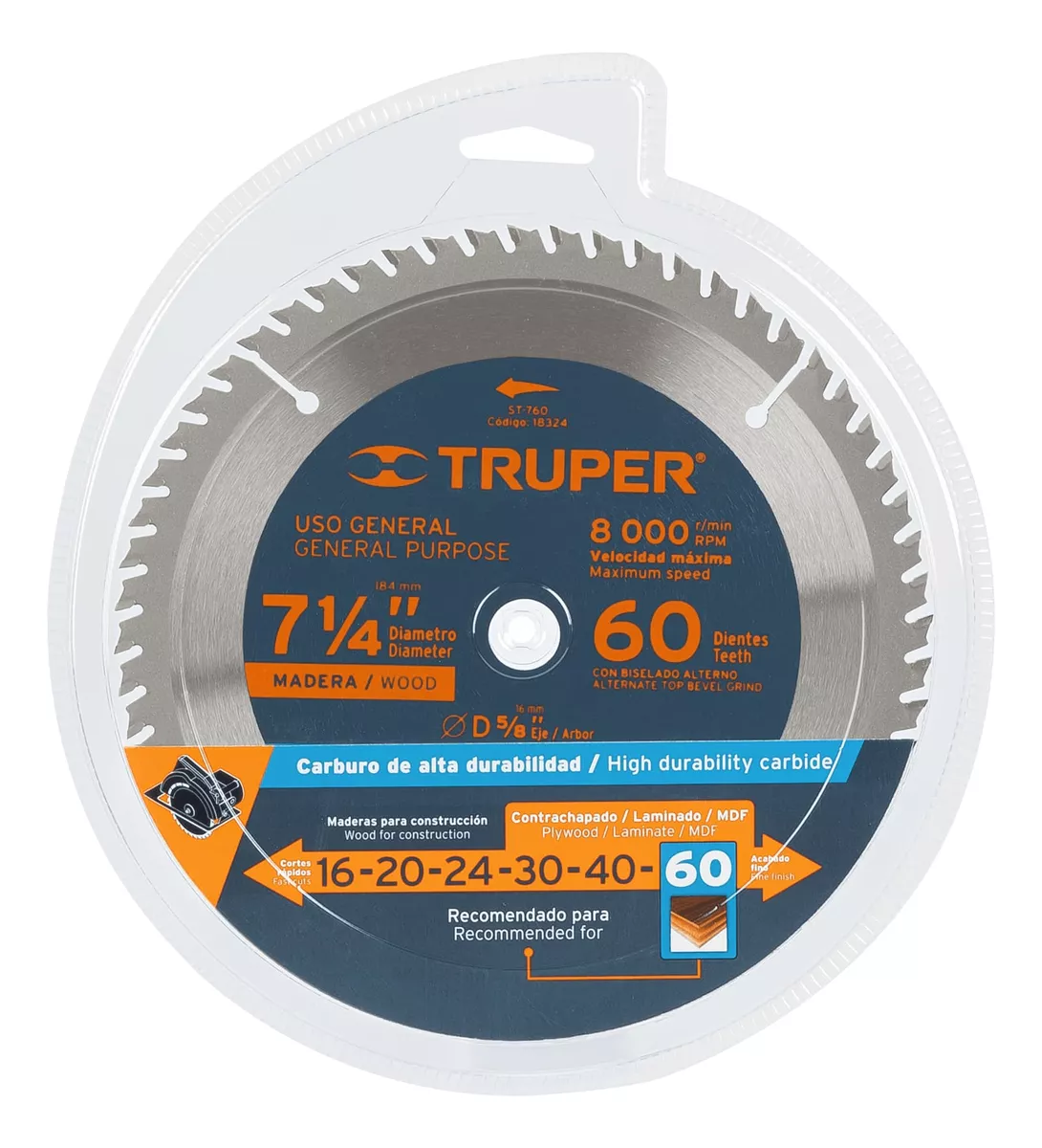 DISCO SIERRA CIRCULAR 7 1/4 X 60 DIENTES MARCA TRUPER - 1