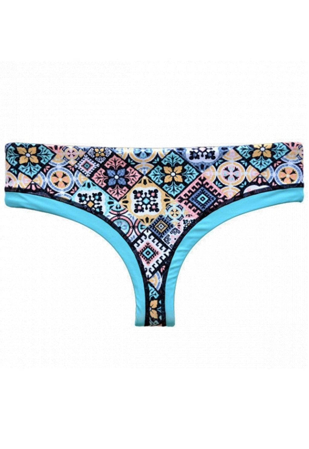BIKINI MUJER SAMIA 3583 CALZÓN TANGA TIRO ALTO ESTAMPADO TURQUESA - 1