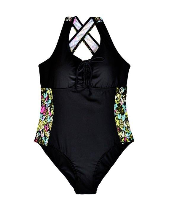 TRAJE DE BAÑO MUJER SAMIA 173 DEPORTIVO PARA BUSTO GRANDE NEGRO CON ESTAMPADO VERDE - 1