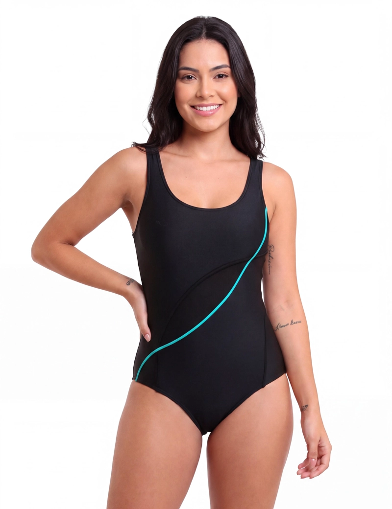 TRAJE DE BAÑO MUJER SAMIA DEPORTIVO NATACIÓN CON ESTILO LÍNEAS TURQUESA - 1