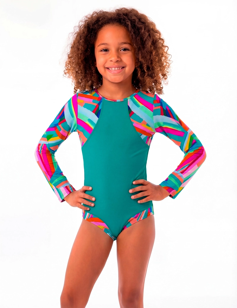 TRAJE BAÑO LICRA NIÑA SAMIA MANGA LARGA VERDE - 1