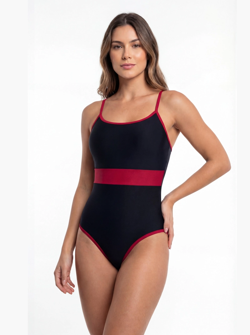TRAJE DE BAÑO MUJER NATACION CON FRANJA ROJO - 1