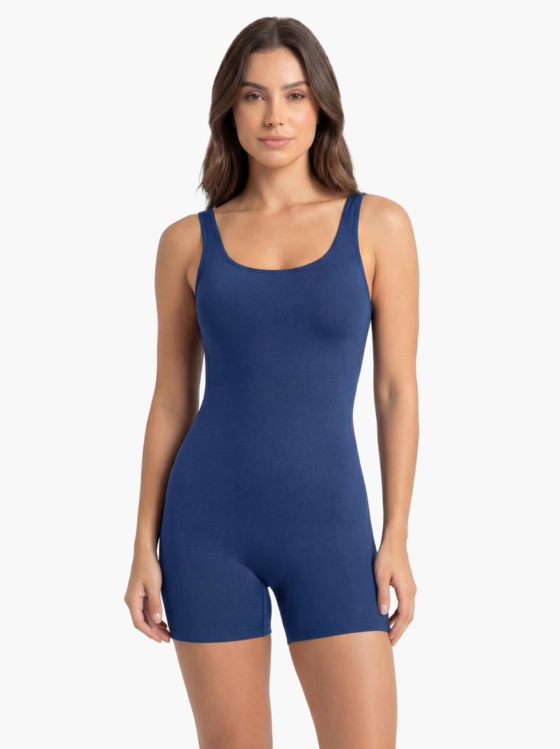 TRAJE DE BAÑO MUJER NATACION PIERNA CORTA ELASTICO AZUL - 1